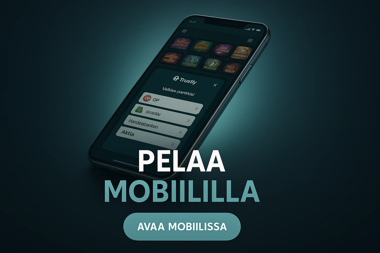 Fotorealistinen suomalainen mobiilikasino banneri, kelluva älypuhelin ja teal käyttöliittymä