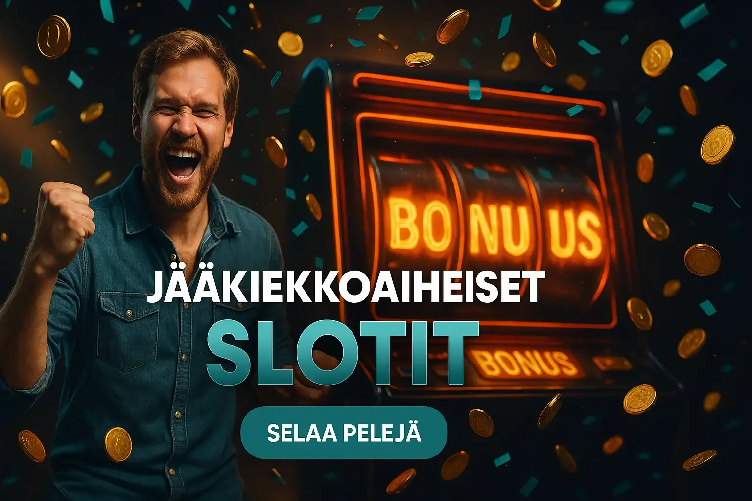 Suomalainen mies juhlii bonusvoittoa kolikkopelissä, kolikot ja konfetti sataa