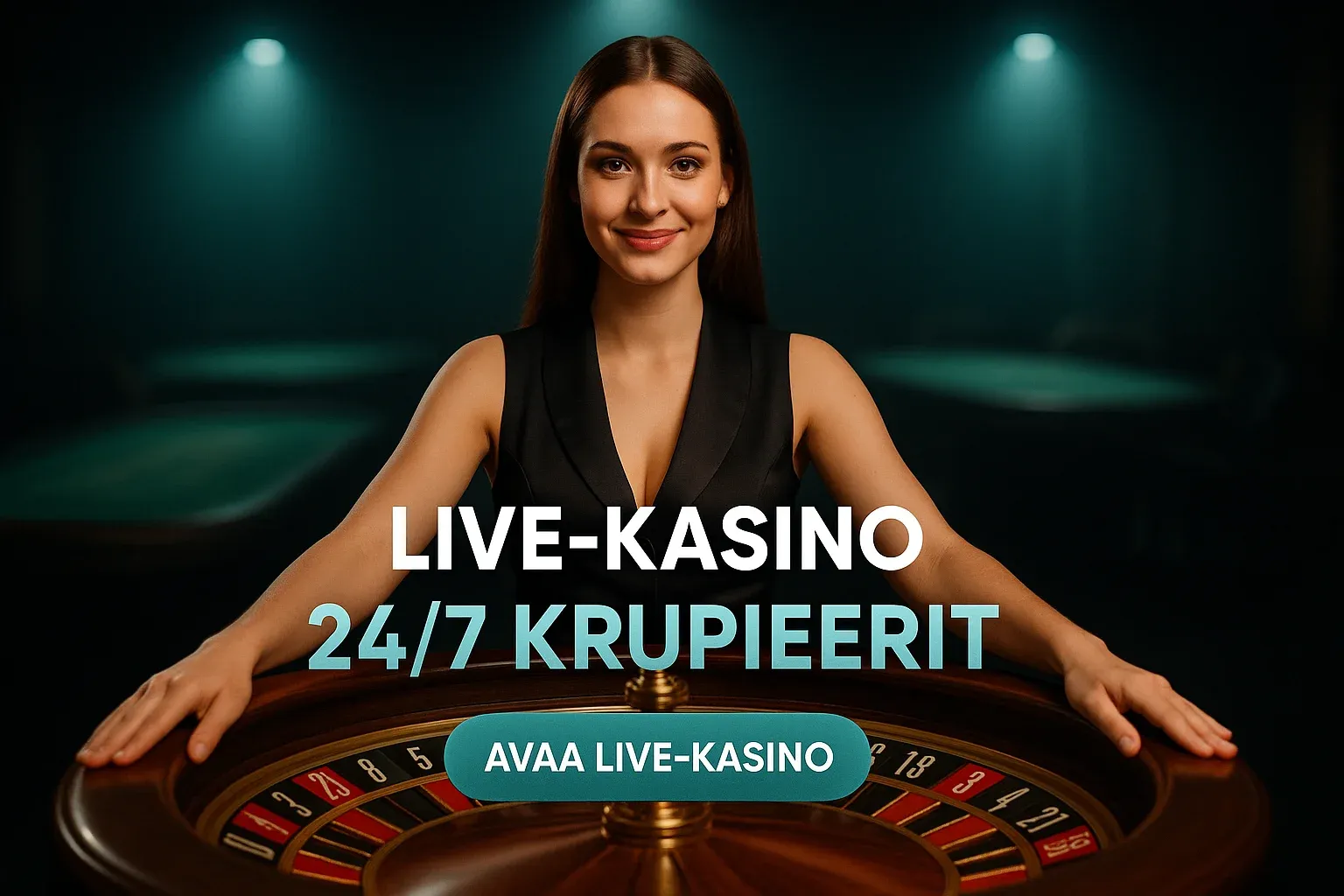 Fotorealistinen live-kasino banneri, naisdiileri rulettipöydän äärellä, 16:9