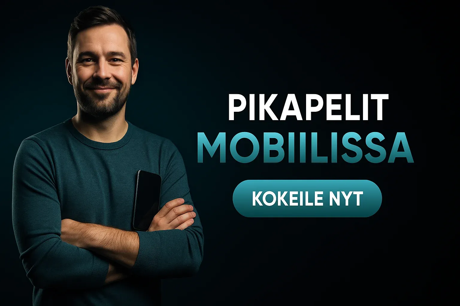 Leveä suomalainen kasinomainosbanneri, mies keskellä ja teksti Pikapelit Mobiilissa